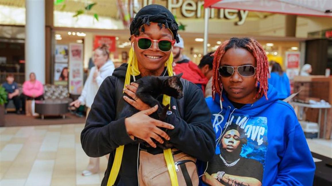 Two people in a shopping mall holding a black kitten